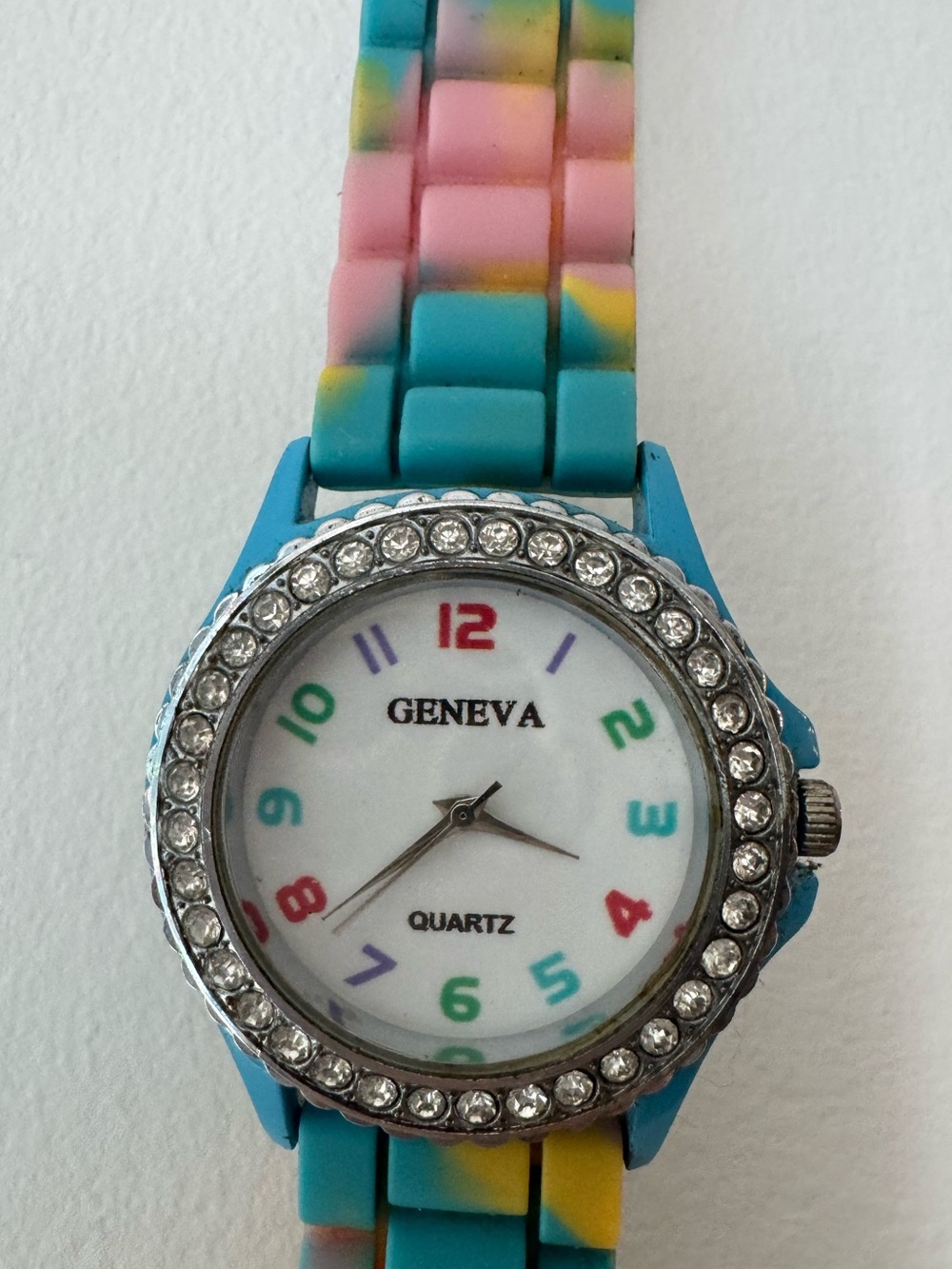 Geneva Rainbow Tie Dye Silicone Strap Rhinestone Bezel Quartz Watch